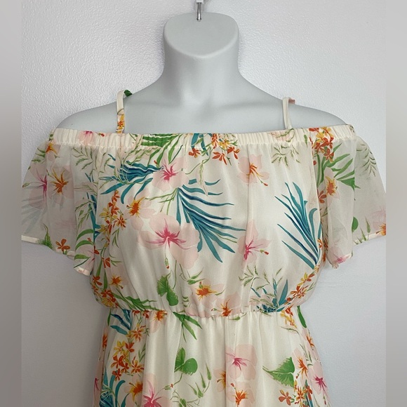 AS U WISH Cream & Tropical Floral Print High-Low Off The Shoulder Dress SKU1122 - Picture 5 of 12